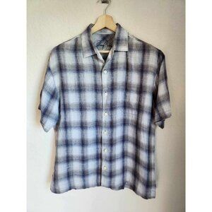 Men's Tommy Bahama Gray Plaid Linen Short Sleeve Button Down Shirt- Size Large